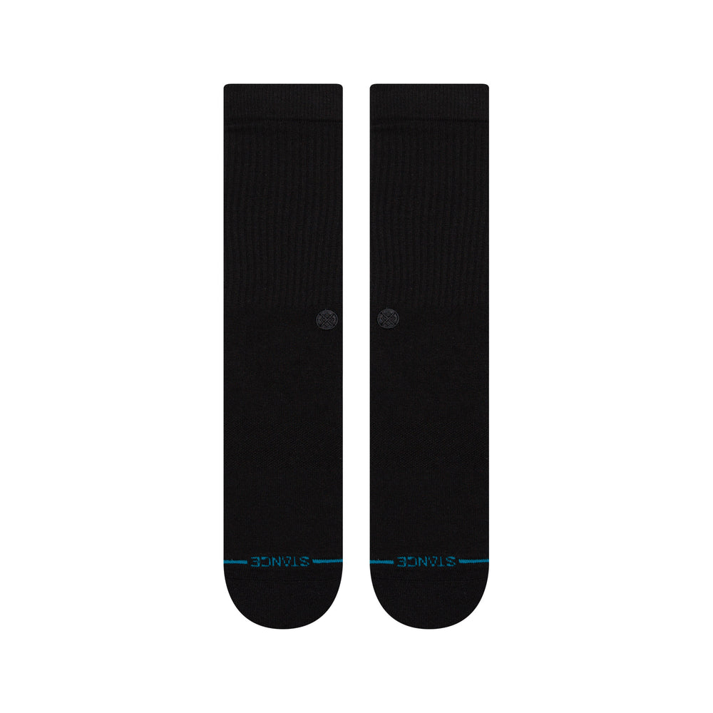 Women's solid black crew socks, flat back view