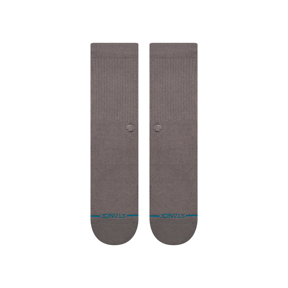 Men's dark grey crew socks, flat back view