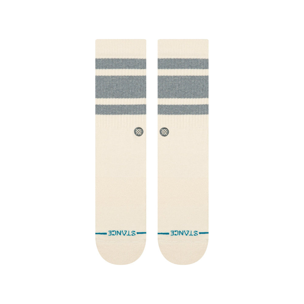 Women's striped crew socks flat lay, front view showing cuff stripes