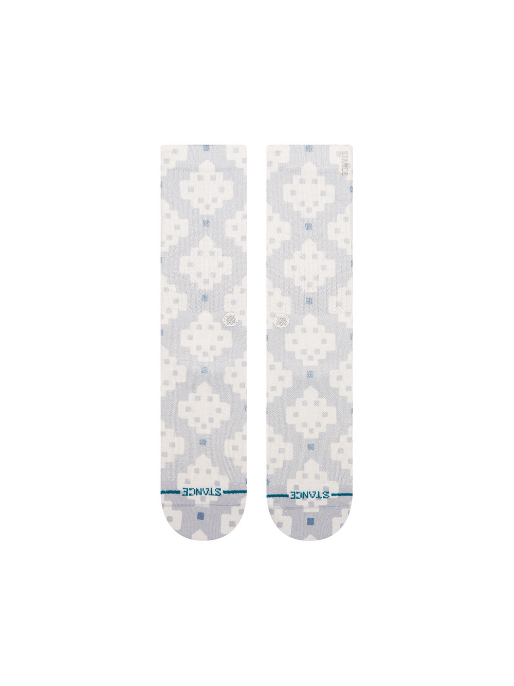 Women's Alhambra crew socks, flat front view showing rows of cream medallion tiles on dove grey with blue accents