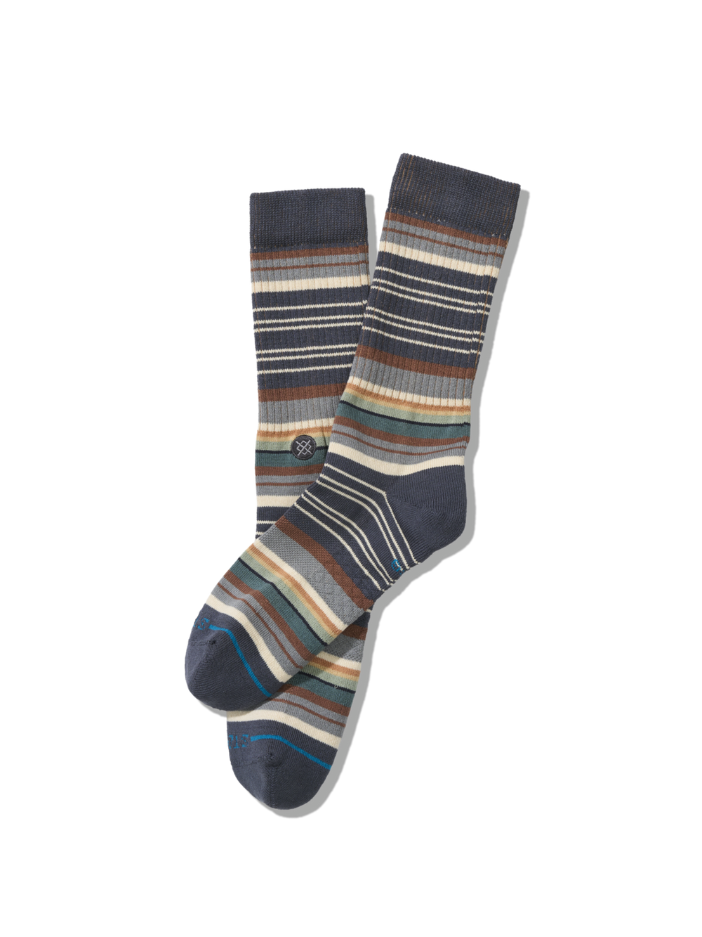 Men's Jorongo Pop crew socks in navy with thin blanket stripes in rust, tan, teal, and cream, single sock front view