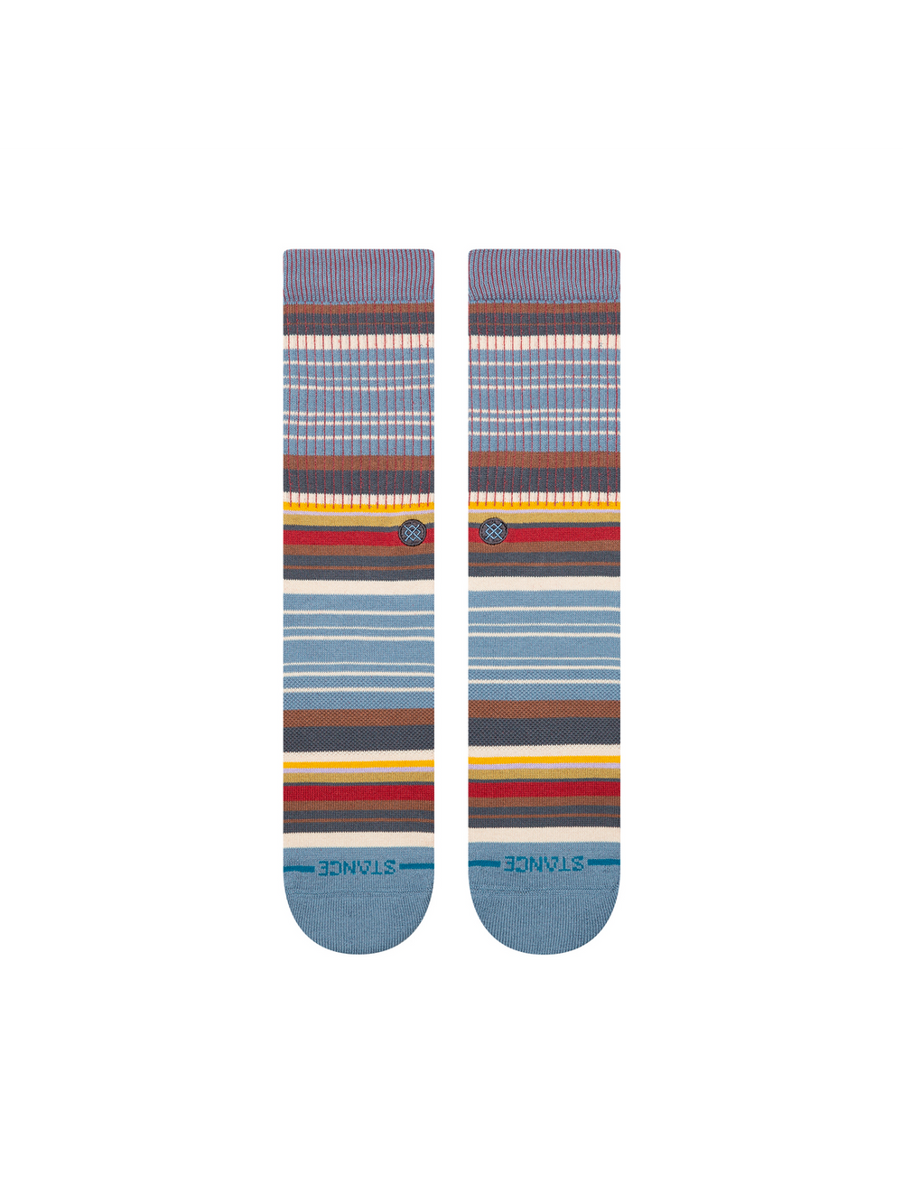 Women's Jorongo Pop crew socks, flat front view showing rust, gold, red and cream stripe bands on dusty blue
