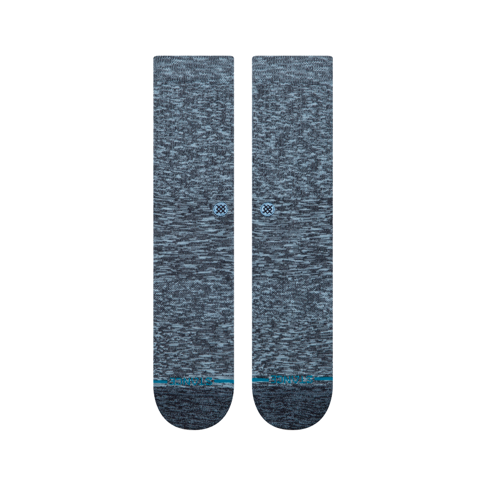 Men's Slub crew socks in navy, flat front view showing marled navy and pale blue knit with a blue Stance logo dot