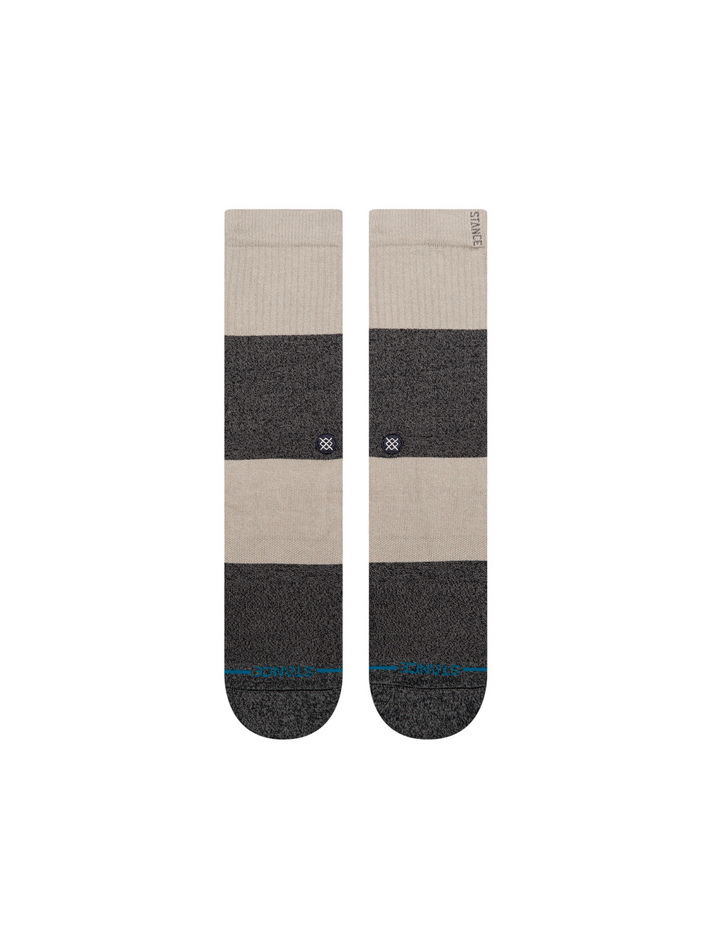 Men's Twist Stripe crew socks, flat front view showing wide oatmeal cream and heathered charcoal bands with a white Stance logo