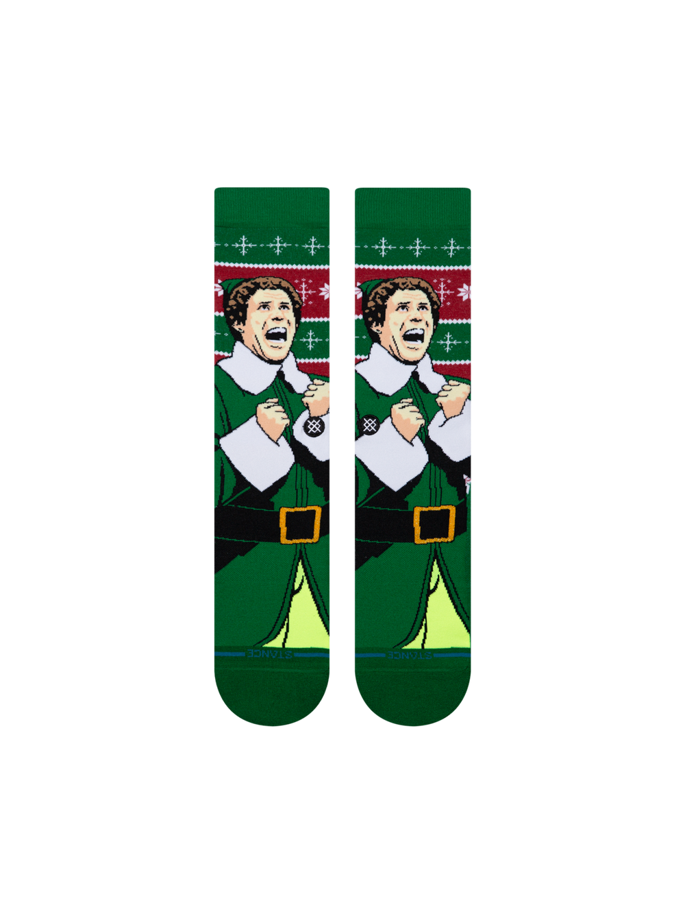 Women's Cold Outside crew socks in green with Buddy the Elf and a red and white Christmas sweater pattern, flat front view of the pair