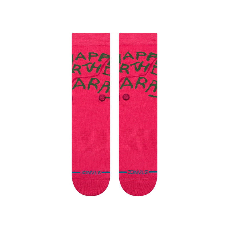 Women's pink Happee Birthdae crew socks flat lay, top-down view of the lettering
