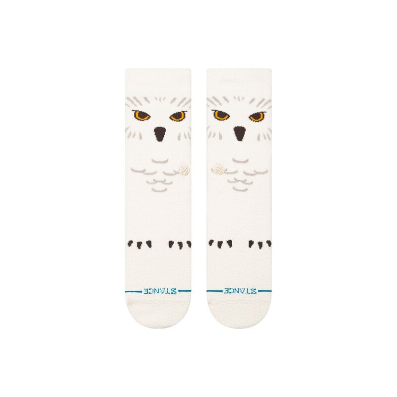 Women's Hedwig owl crew socks flat lay, top-down view of the owl face