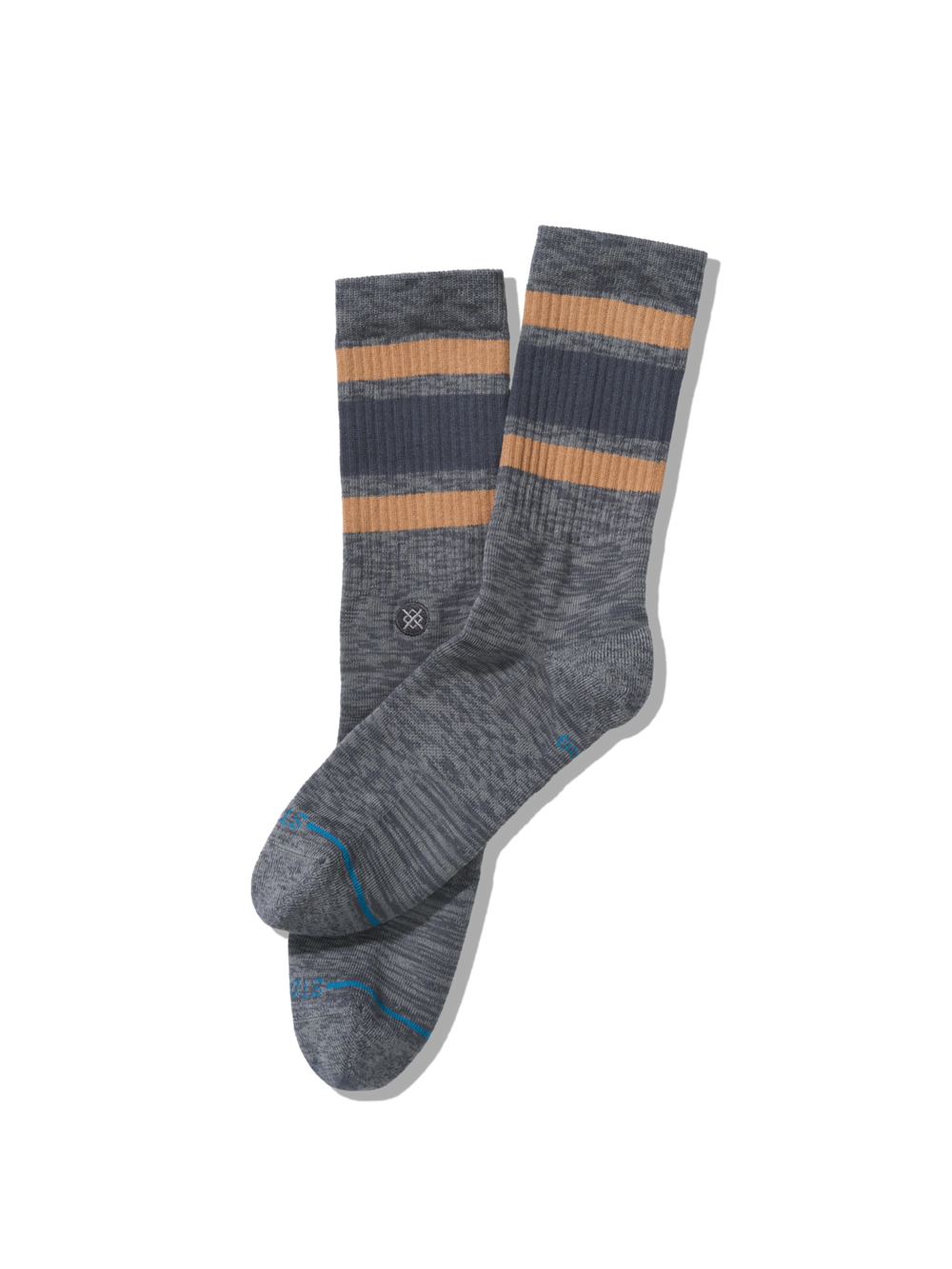 Women's Slub Boyd crew socks in heathered slub grey with peach and slate stripes at the cuff, single sock front view
