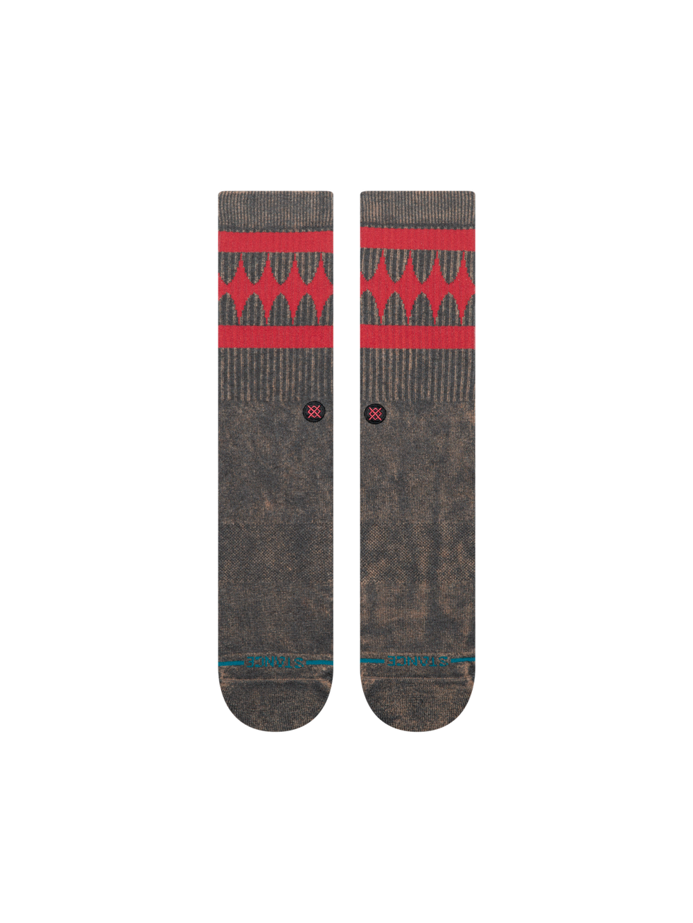 Women's Bad Company crew socks in washed charcoal with a red geometric diamond band below the cuff, flat front view of the pair