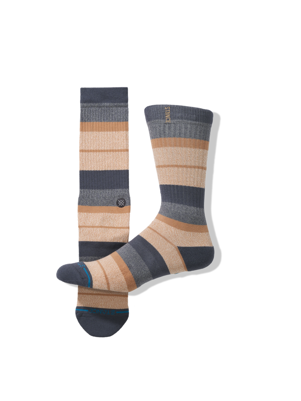 Men's Clark crew socks in wide slate grey and peach rugby stripes, single sock full view