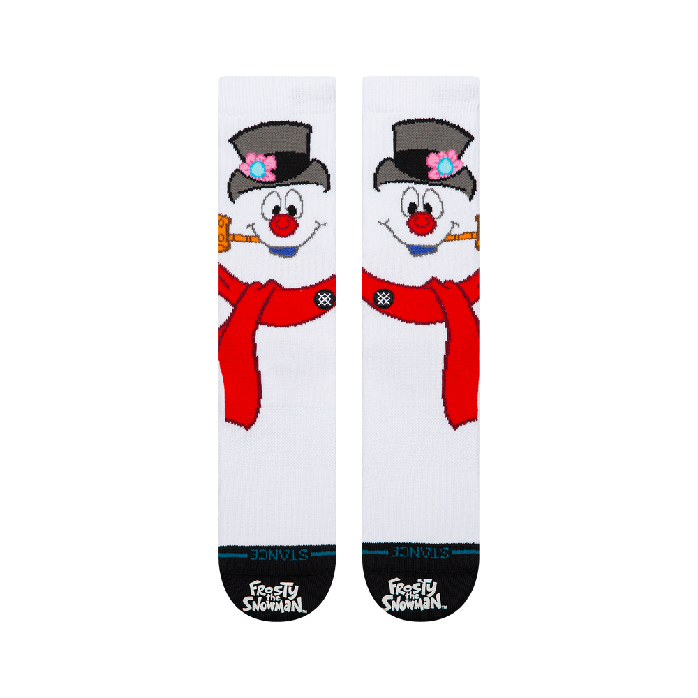 Women's Frosty crew socks in white with Frosty the Snowman, black top hat, corncob pipe, and red scarf, flat front view of the pair