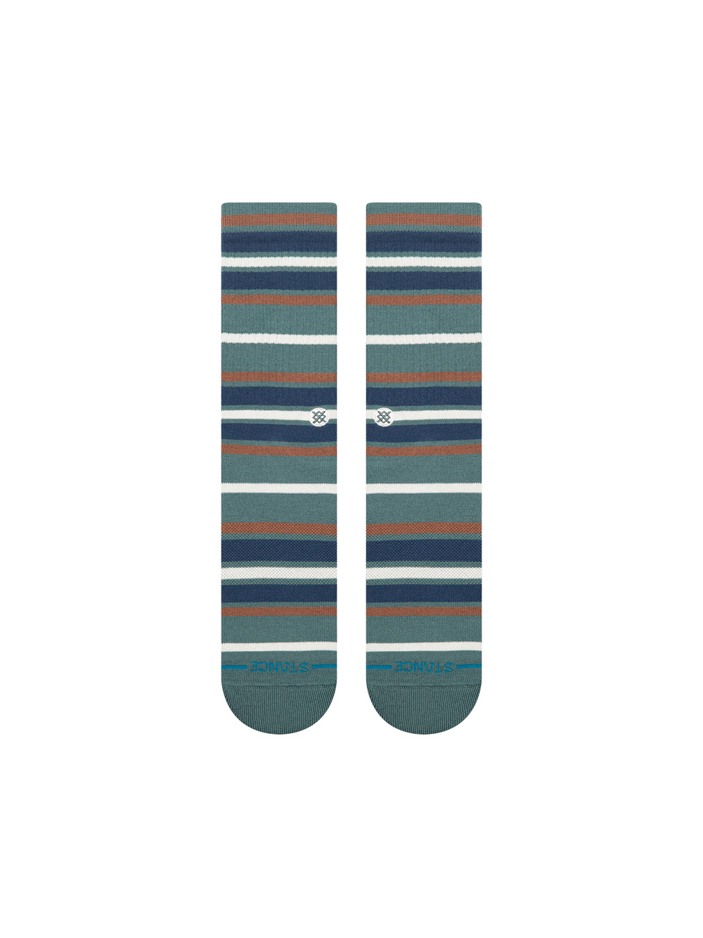 Men's Hoist crew socks in slate teal with navy, rust, and white stripes, flat front view of the pair