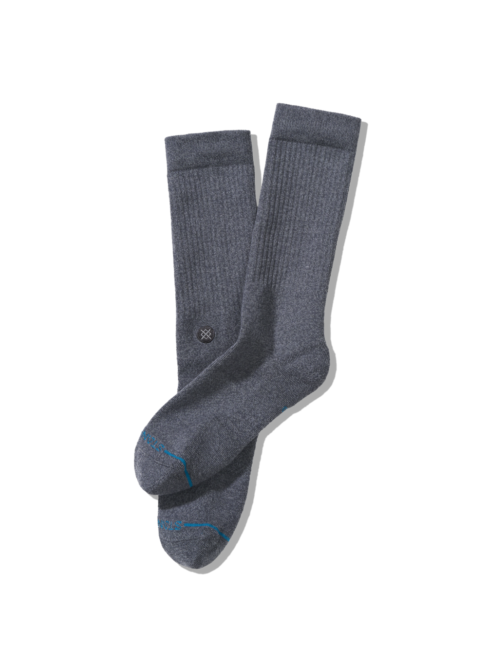 Women's Icon Wool crew socks in solid heathered blue-grey wool with a ribbed leg, single sock front view