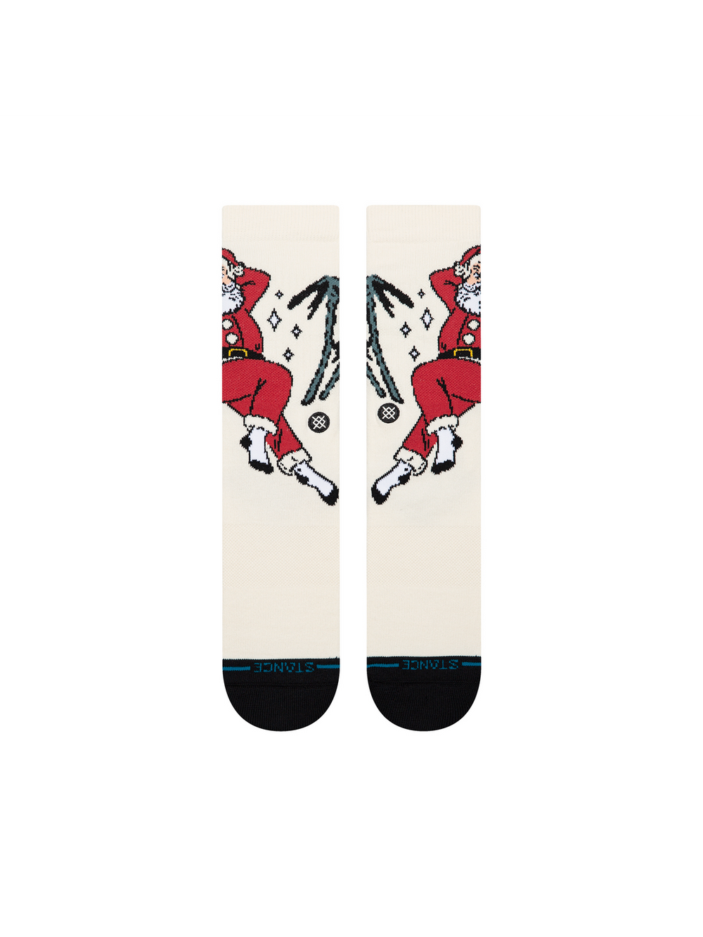Men's Northern Exposure crew socks in cream with Santa lounging on vacation, black heel and toe, flat front view of the pair