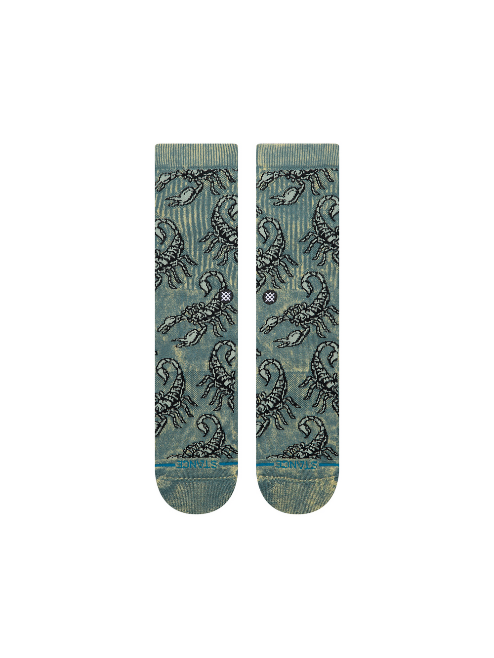 Men's Scorpio crew socks in washed teal with black and cream scorpions all over, flat front view of the pair