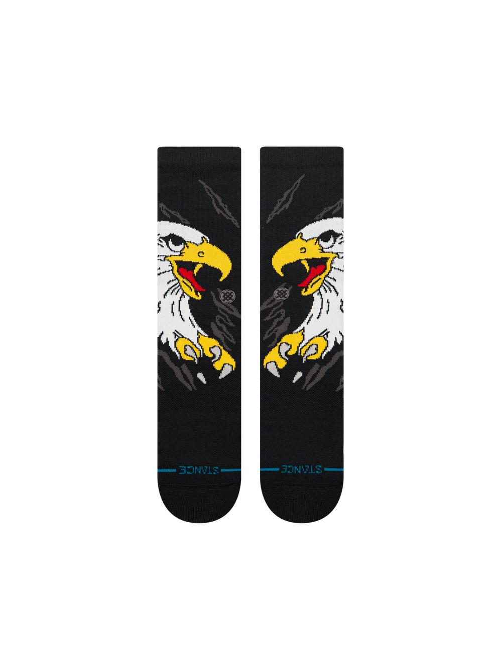Women's Screamin Eagle crew socks in black with a screaming bald eagle, yellow beak and talons, flat front view of the pair