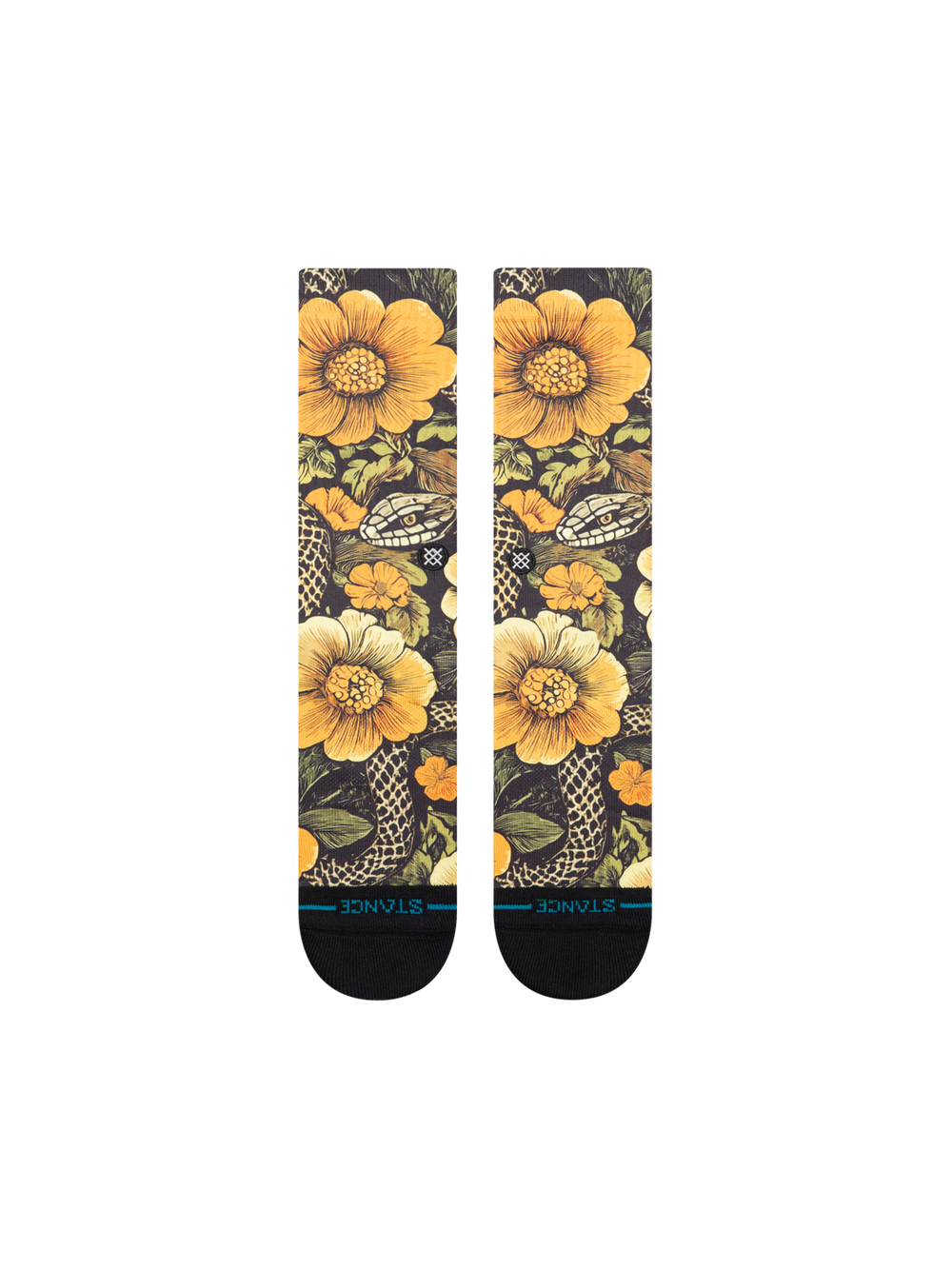 Women's Slither crew socks in all-over print of golden vintage flowers and snakes on navy, flat front view of the pair
