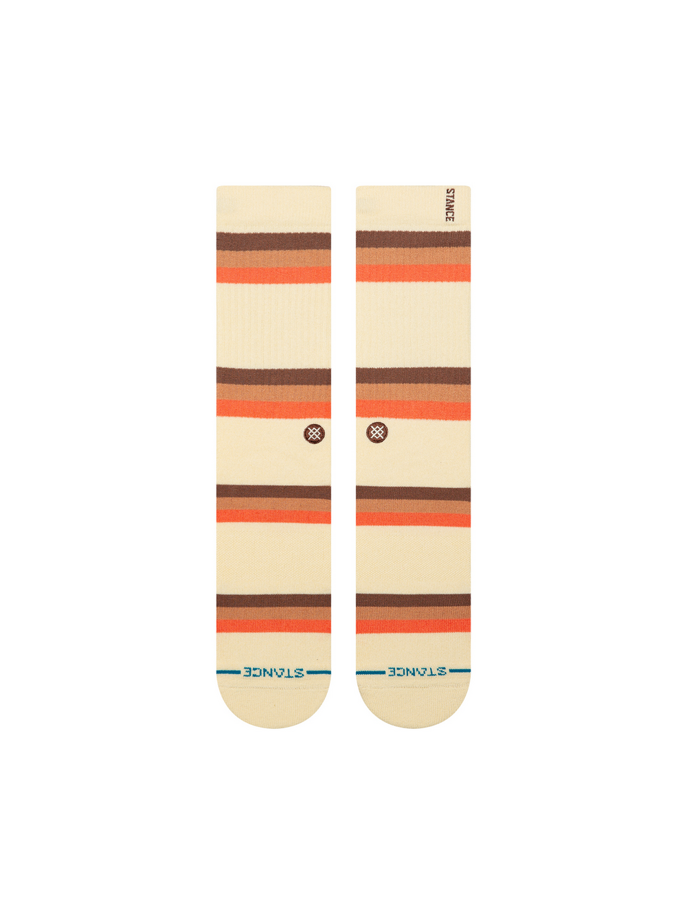 Men's Suns Crest crew socks in cream with brown, rust, and orange sunset stripes, flat front view of the pair