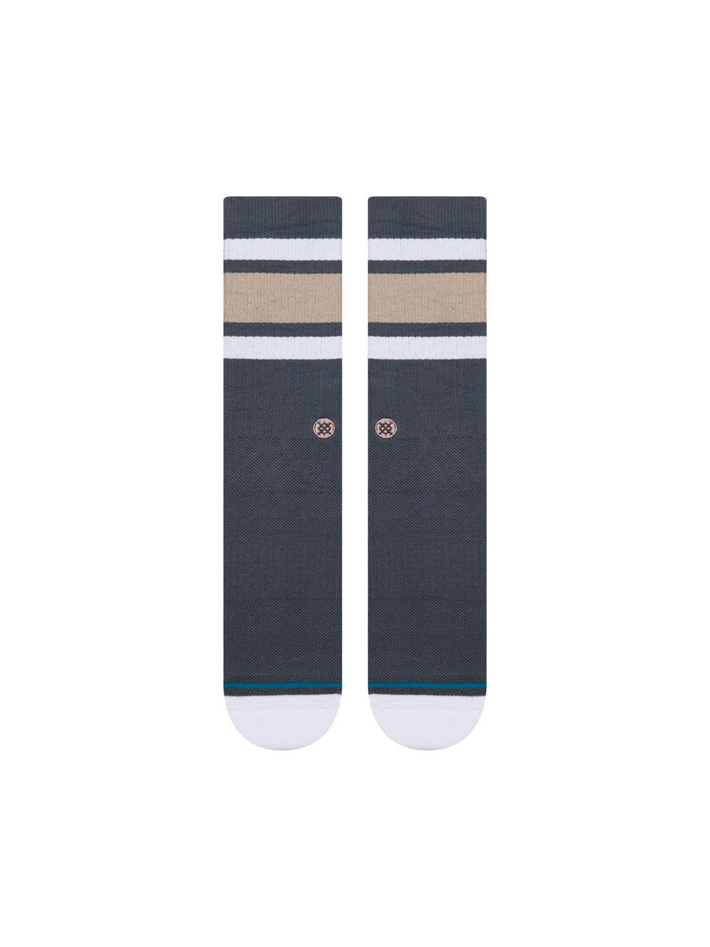 Men's Signature Boyd crew socks, flat front view showing two white stripes framing a sand band on slate grey with a white toe