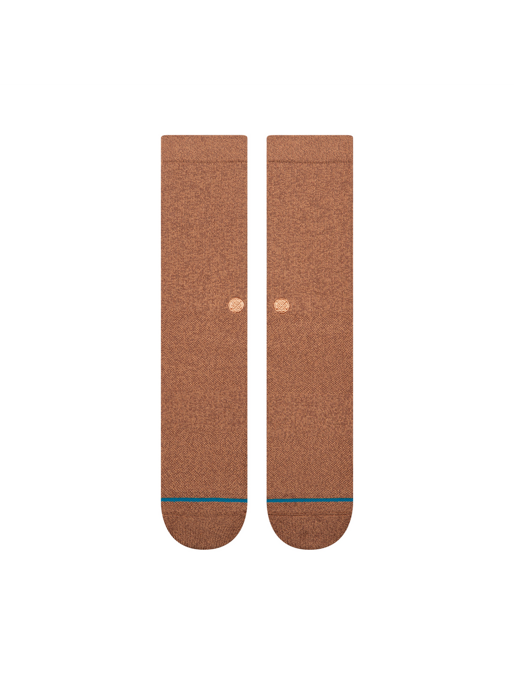Men's Signature crew socks in solid heathered tan with a ribbed leg and peach logo, flat front view of the pair