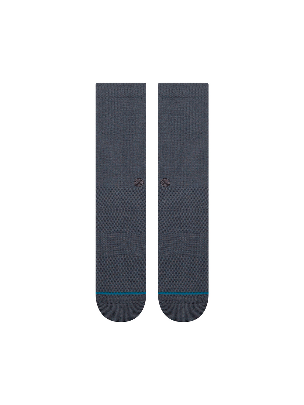 Women's Signature crew socks in slate grey, flat front view showing tonal logo dot and teal line above the toe
