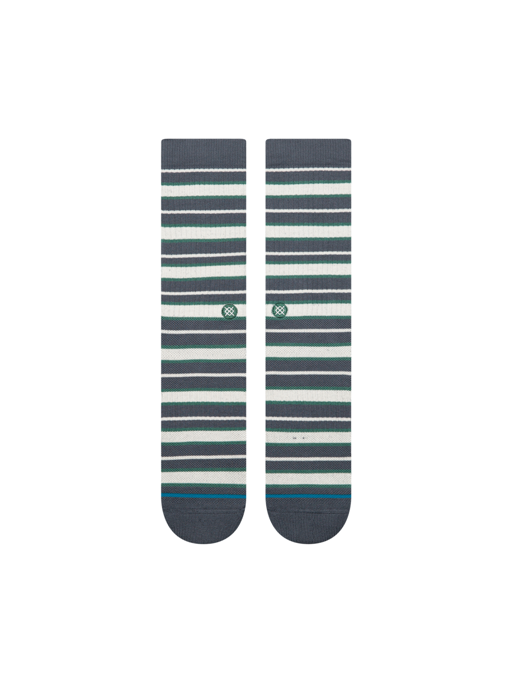 Women's Signature Stripe crew socks, flat front view showing repeating cream and pine-green stripes and a green logo dot