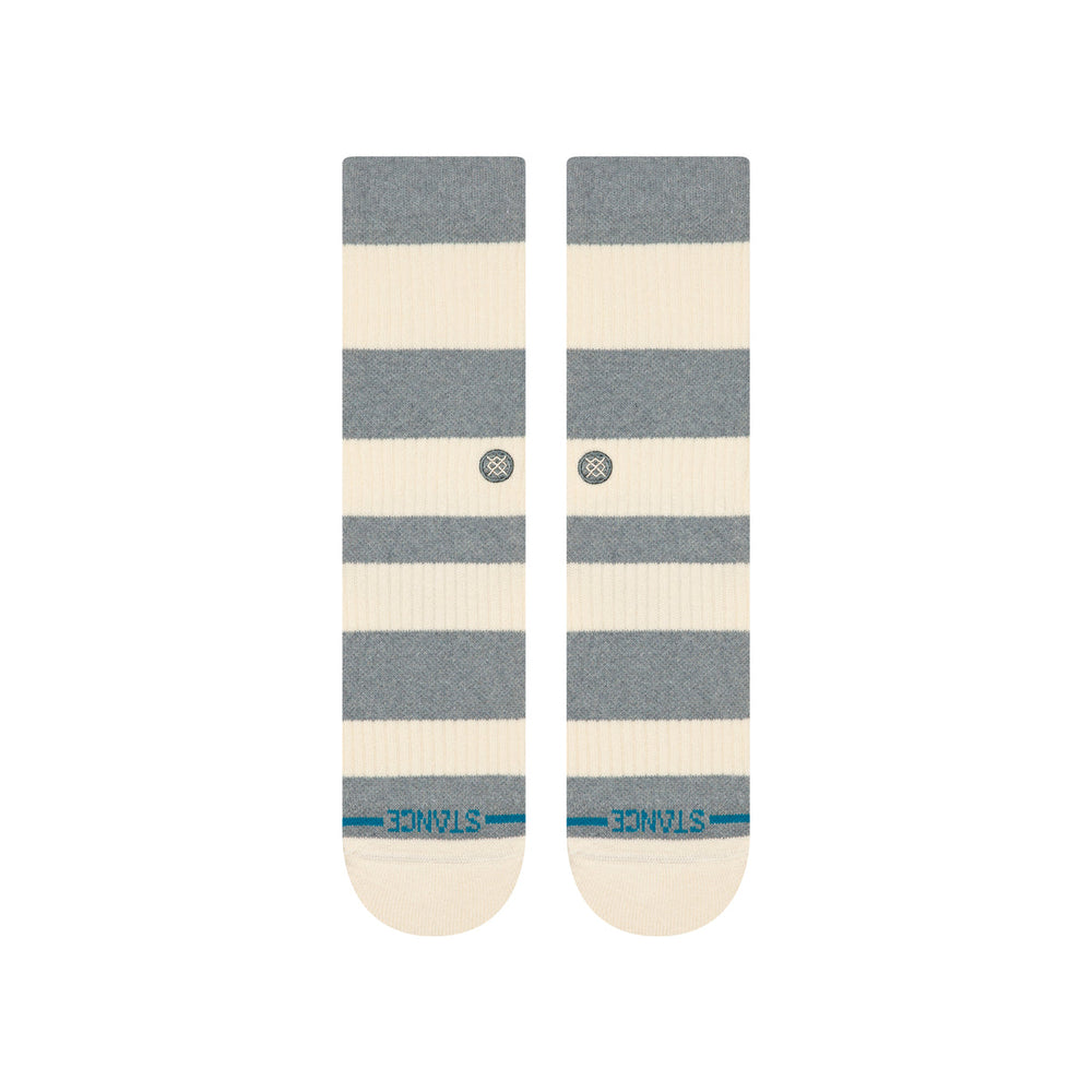 Men's rugby-striped crew socks flat lay, front view of cuff stripes