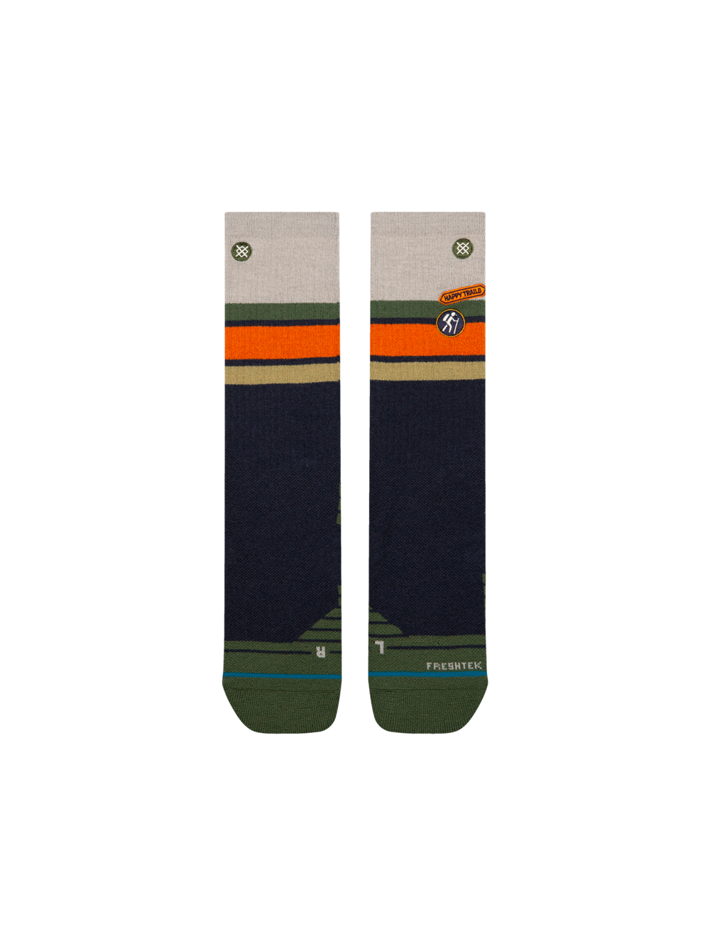 Men's Happy Trails Hike crew socks in navy with a heather grey cuff, green, orange, and tan stripes, and a hiker patch, flat front view of the pair