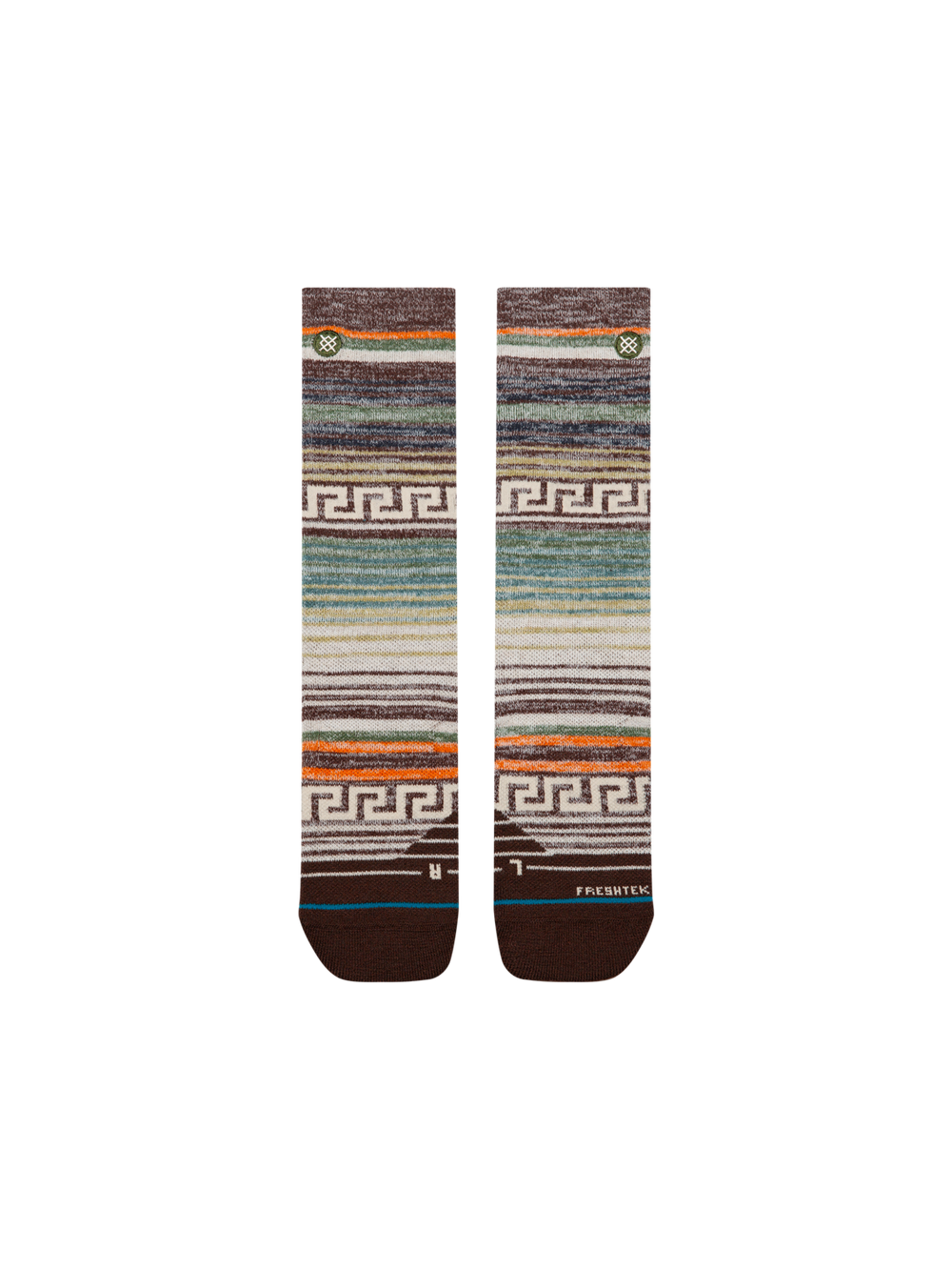 Women's Ruins Hike crew socks in brown space-dyed stripes in orange, sage, and cream with Greek-key bands, flat front view of the pair