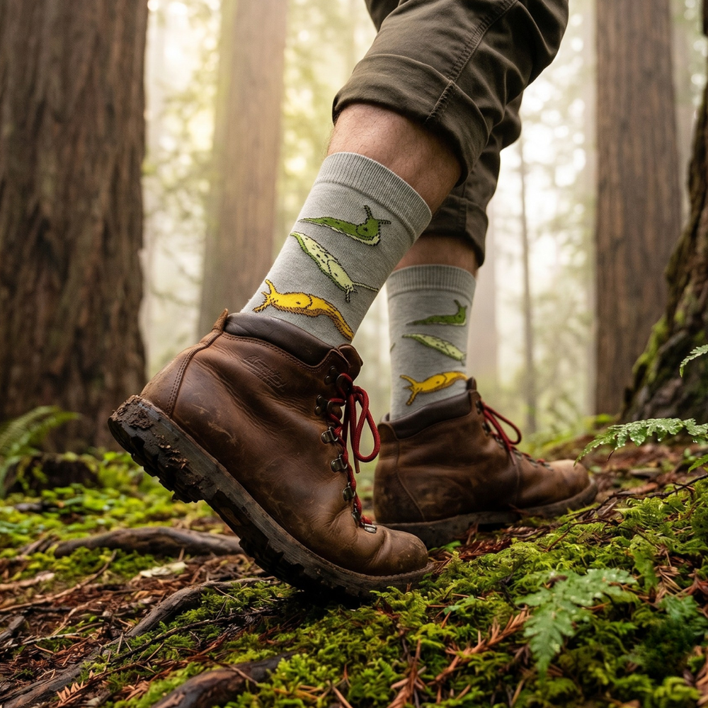 Banana Slug moss green men's crew socks, product render