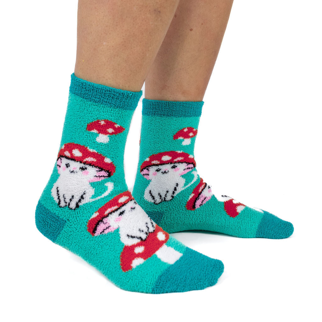 Meowshrooms women's slipper socks with cat-mushrooms, model side view