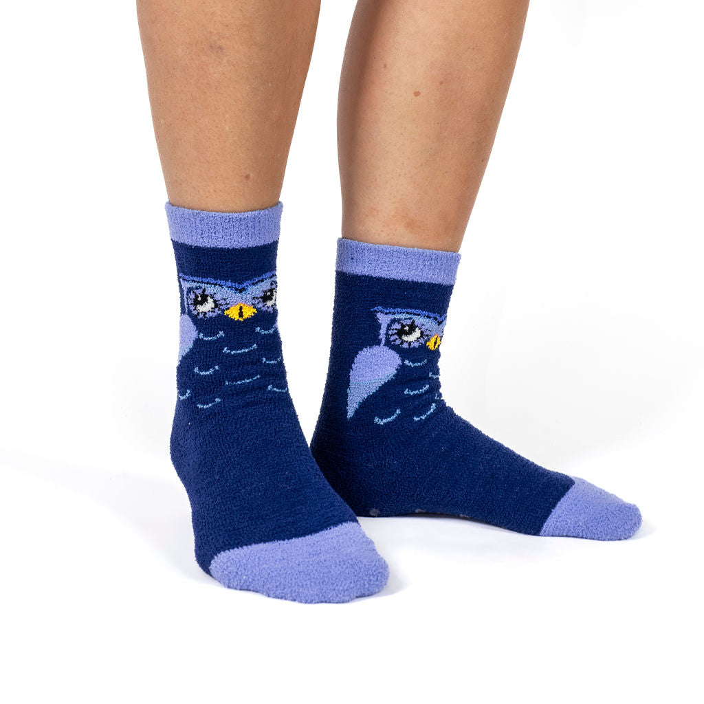 Owl Be There For You women's slipper socks with perched owls, model side view