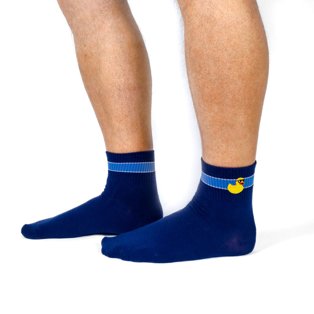 What The Duck? women's quarter crew socks with ducks, model side view