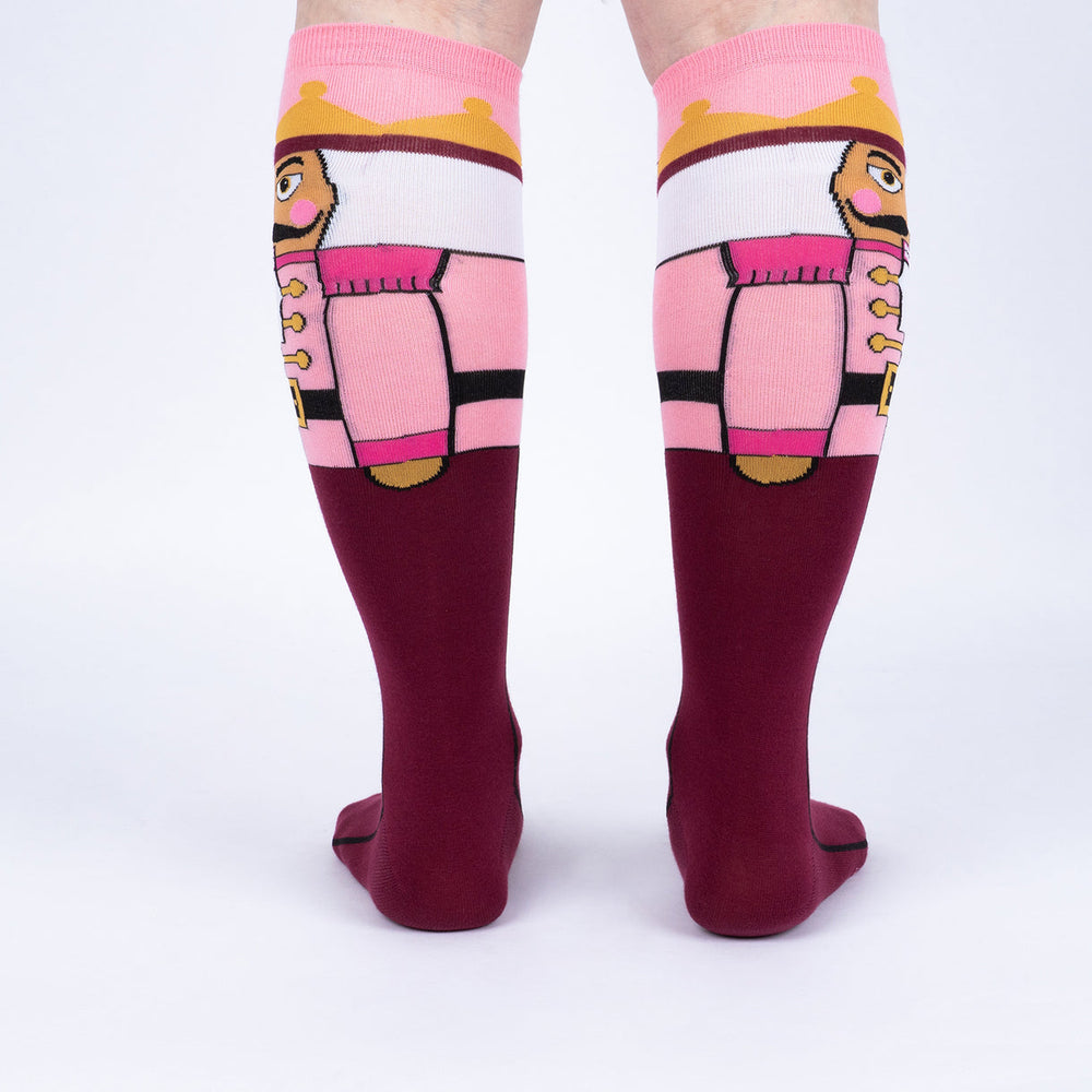Women's nutcracker knee high socks worn, back view