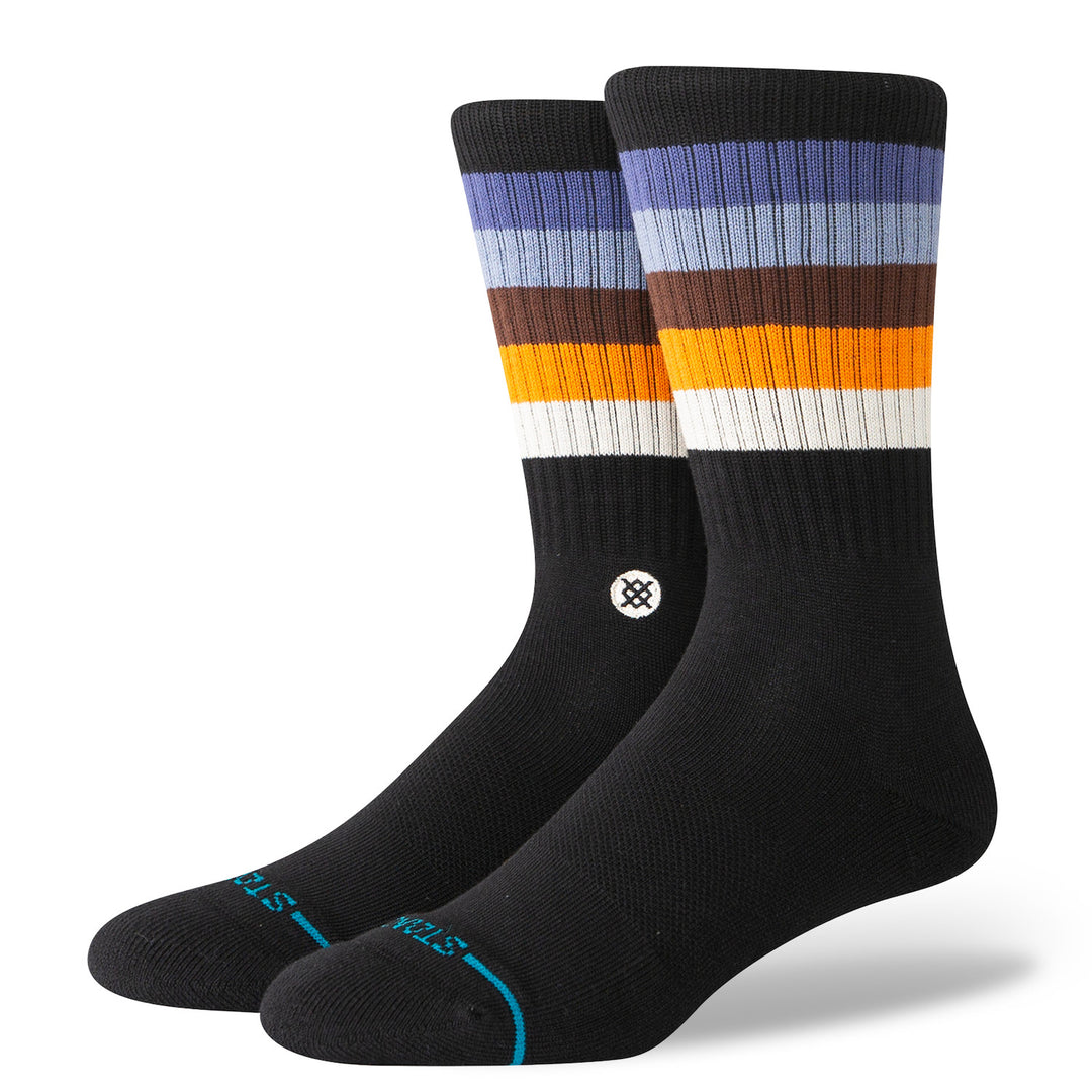 Men's Maliboo crew socks, flat front view of black socks with retro striped cuff