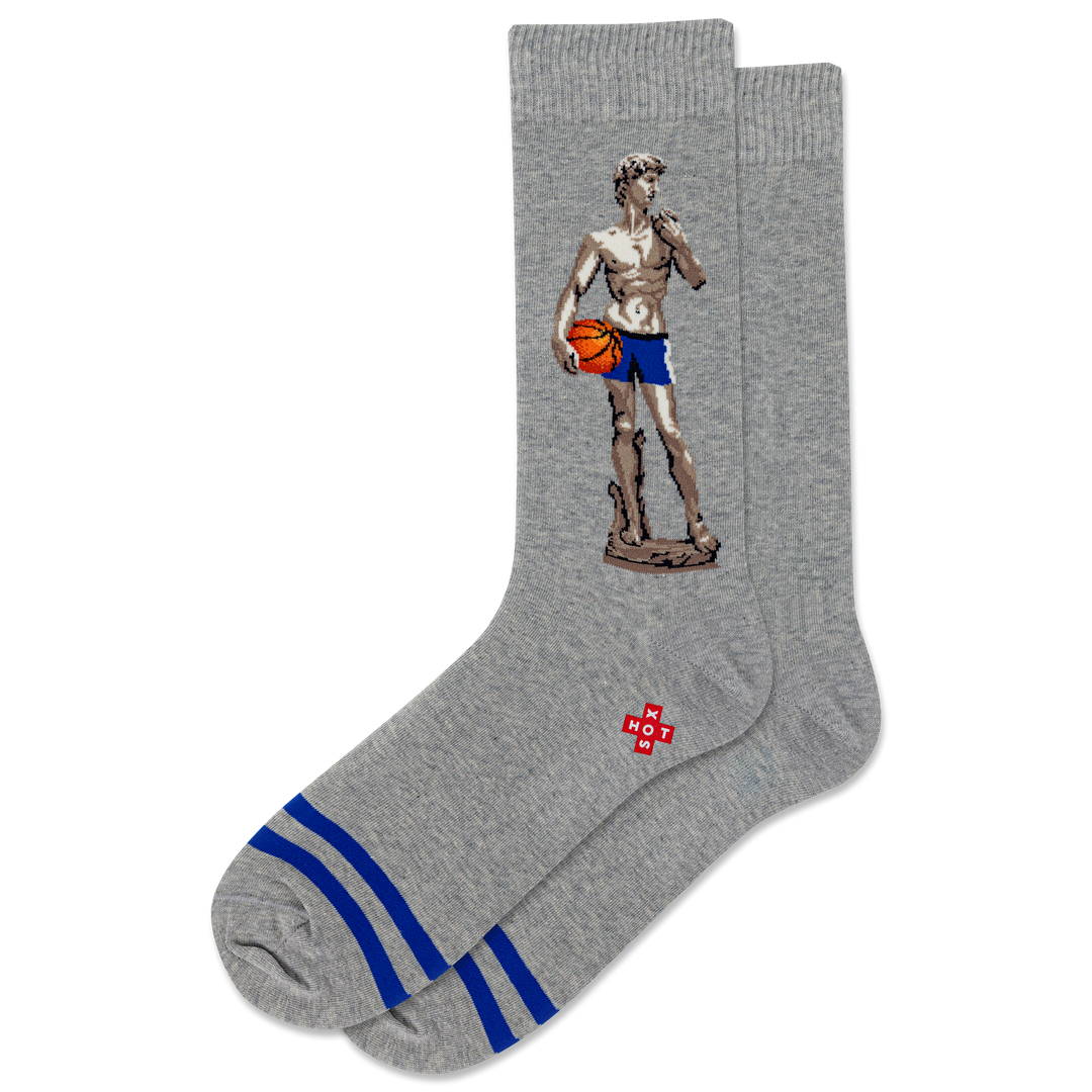 Men's basketball David crew socks in gray with Michelangelo statue holding a basketball, flat pair view