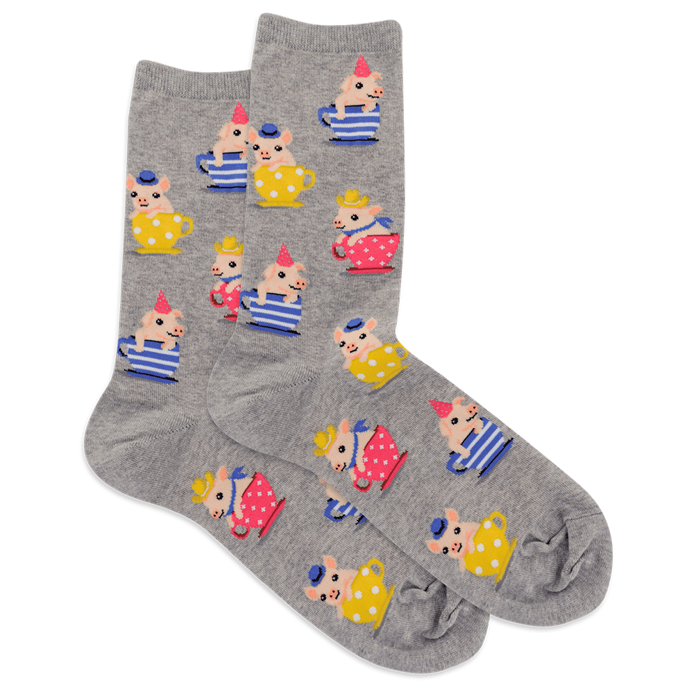 Gray pair of teacup pig socks displayed flat showing the full piglet-in-cup pattern