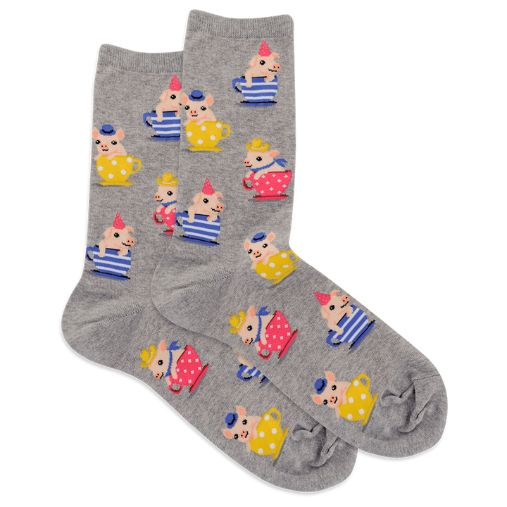 Gray pair of teacup pig socks displayed flat showing the full piglet-in-cup pattern