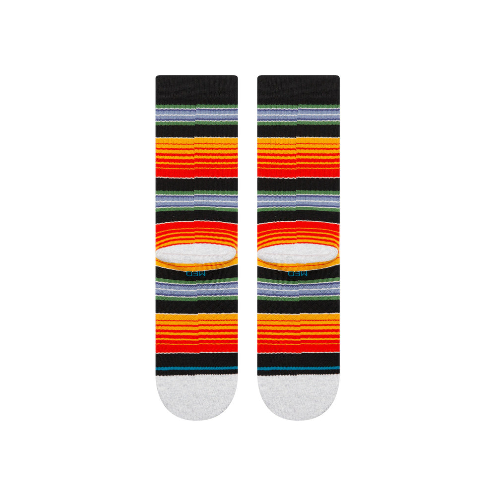 Men's serape-striped crew socks, flat back pair view, red, orange, and gold stripes with grey toes