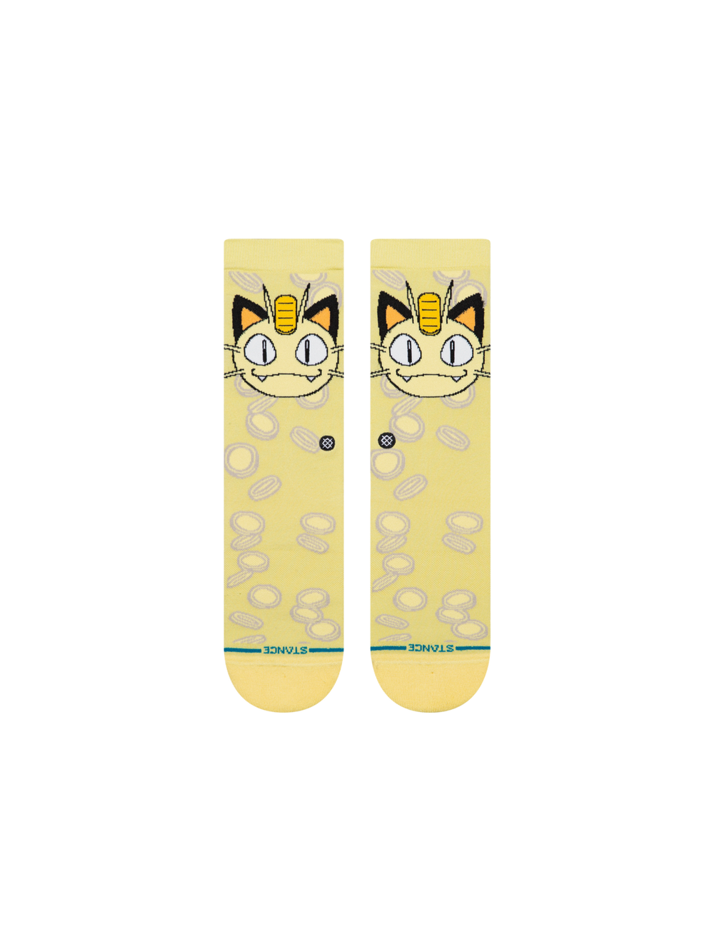 Kids' Meowth Coins crew socks in pale yellow with Meowth's face and outlined gold coins, flat front view of the pair
