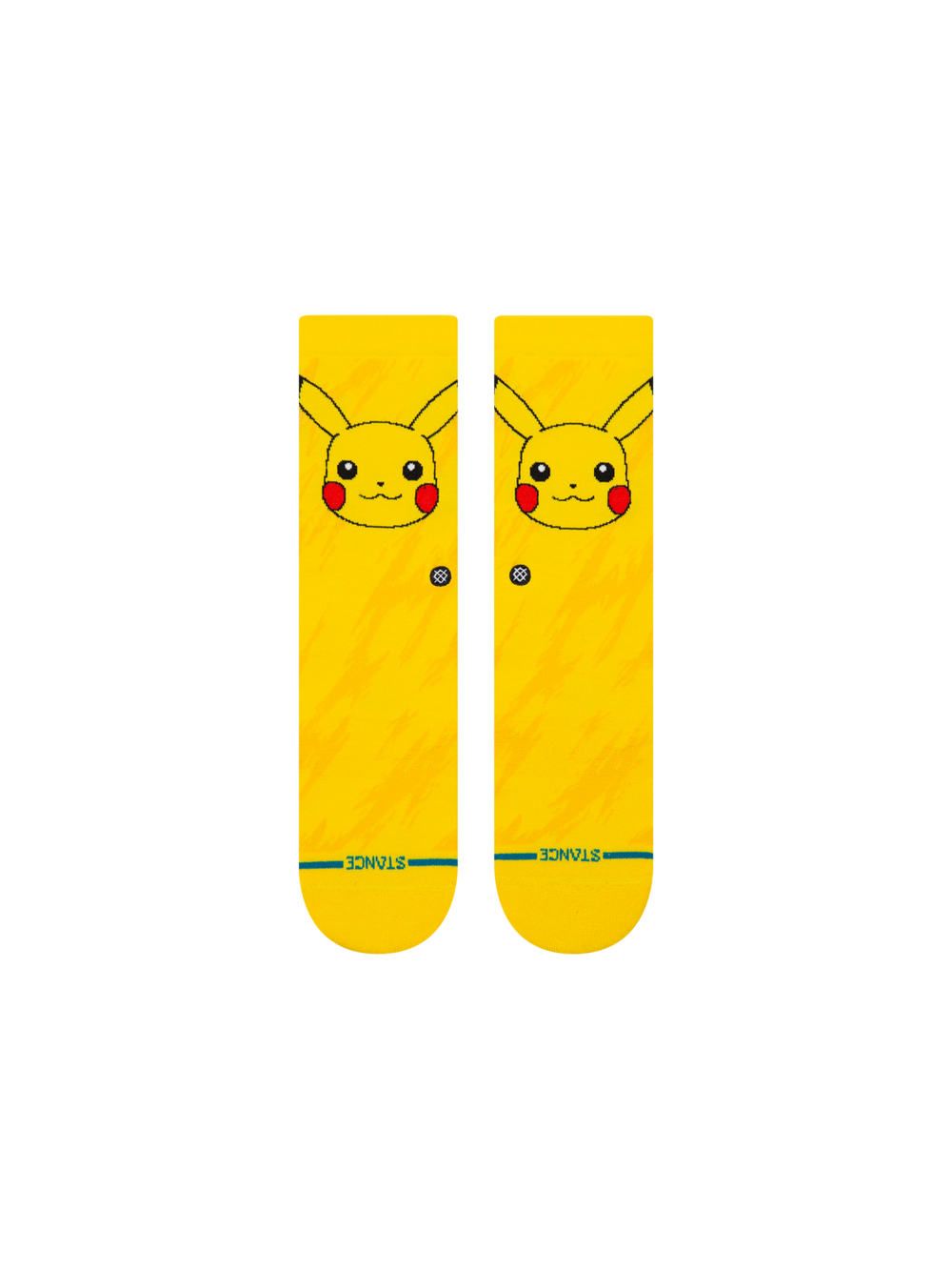 Kids' Pikachu Bolt crew socks in yellow with Pikachu's face and tonal lightning bolts, flat front view of the pair