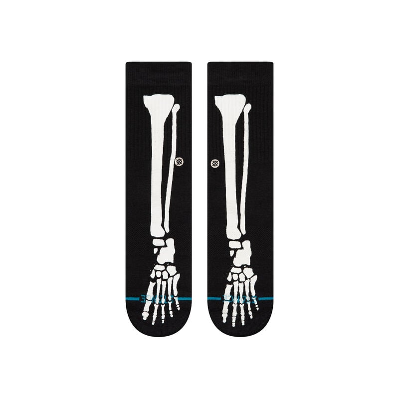 Kids' skeleton bones crew socks flat lay, top-down view of the bone design