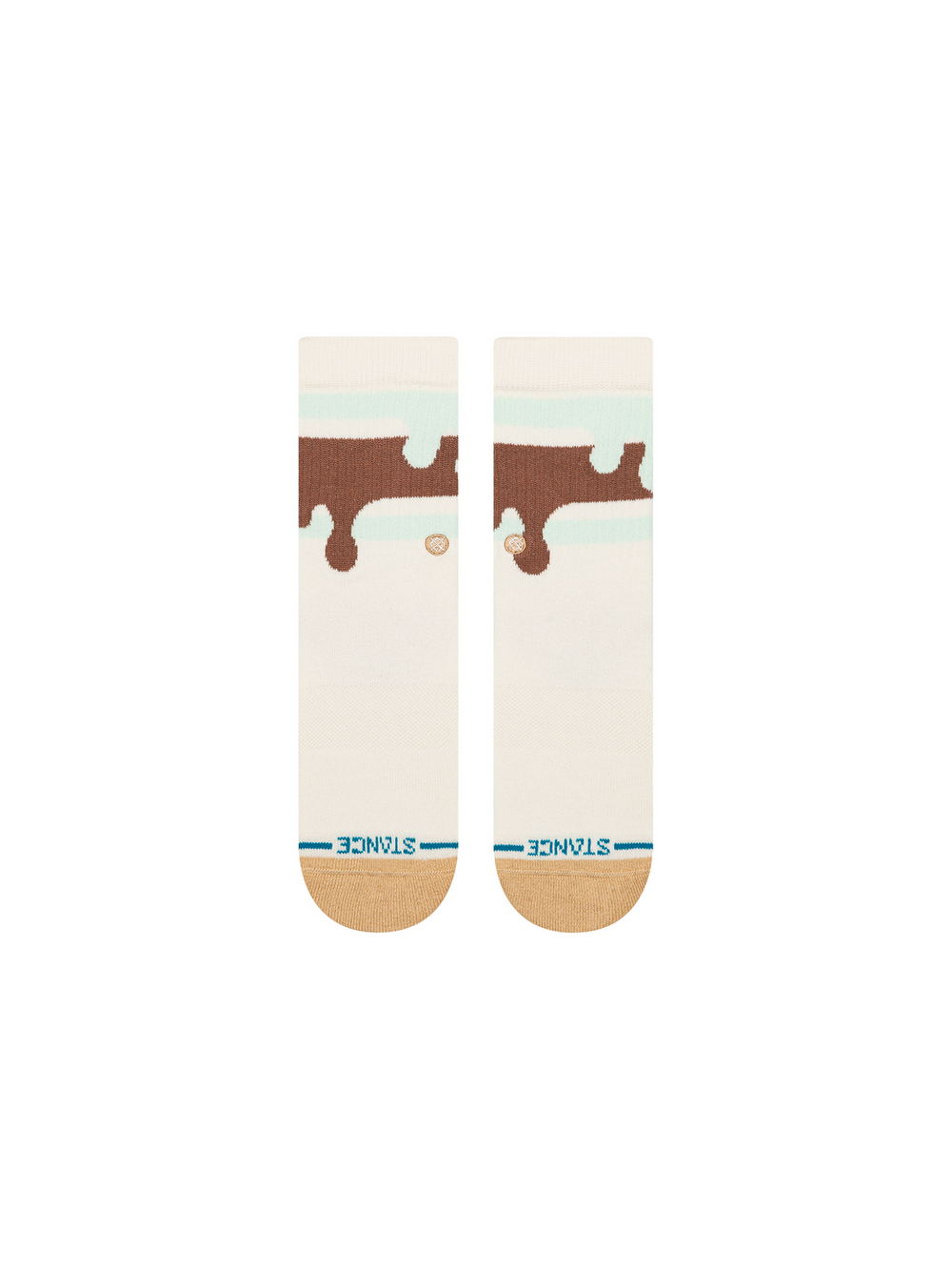 Kids' Melty crew socks in off-white with a chocolate drip band over mint stripes and tan heel and toe, flat front view of the pair