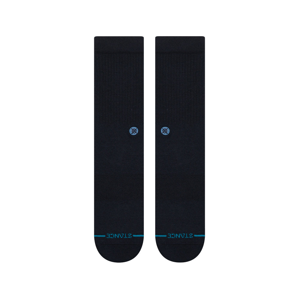 Men's solid navy crew socks, flat back view with logo dot