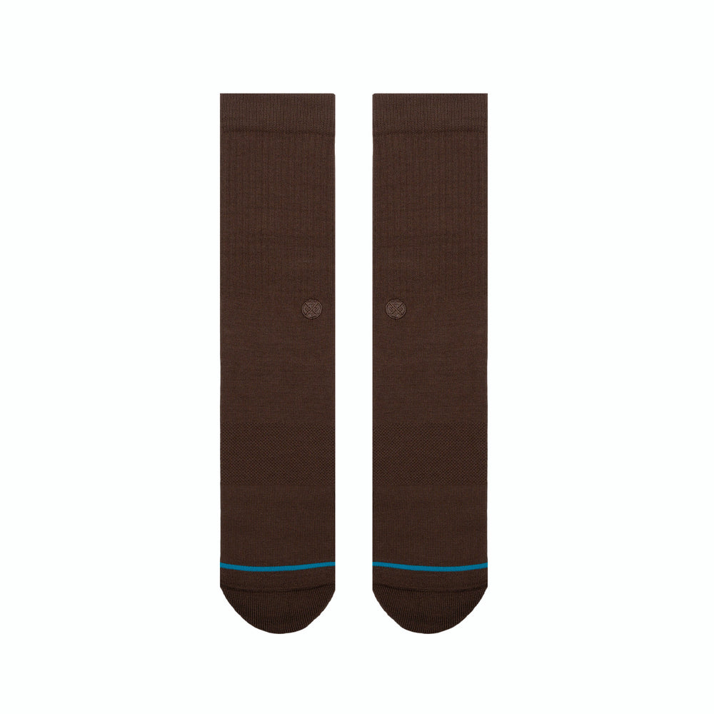 Men's solid brown crew socks, flat back view