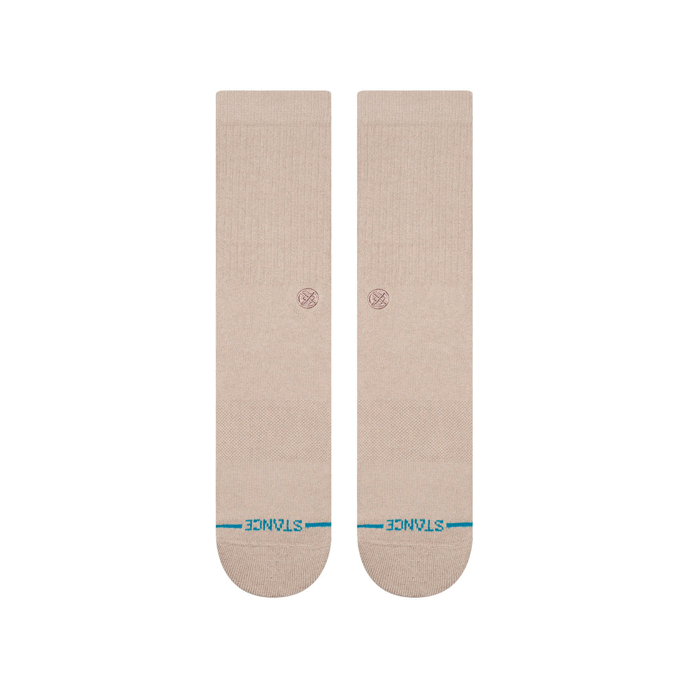 Men's taupe grey crew socks, flat back view