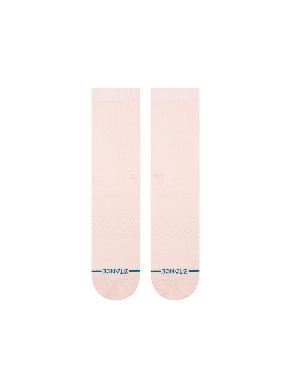 Women's Icon crew socks in solid pale pink with a ribbed leg and tonal logo, flat front view of the pair