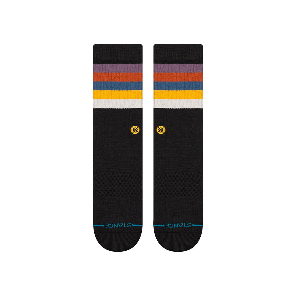 Men's striped crew socks, flat back pair view, multicolor cuff stripes on black with Stance logo