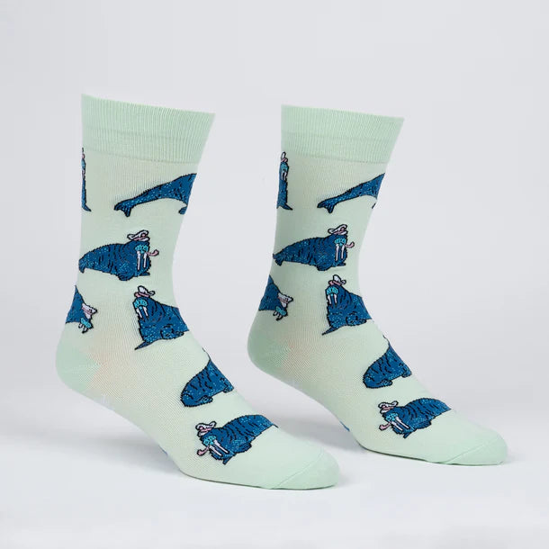 Men's walrus crew socks flat lay, mint green with blue walruses