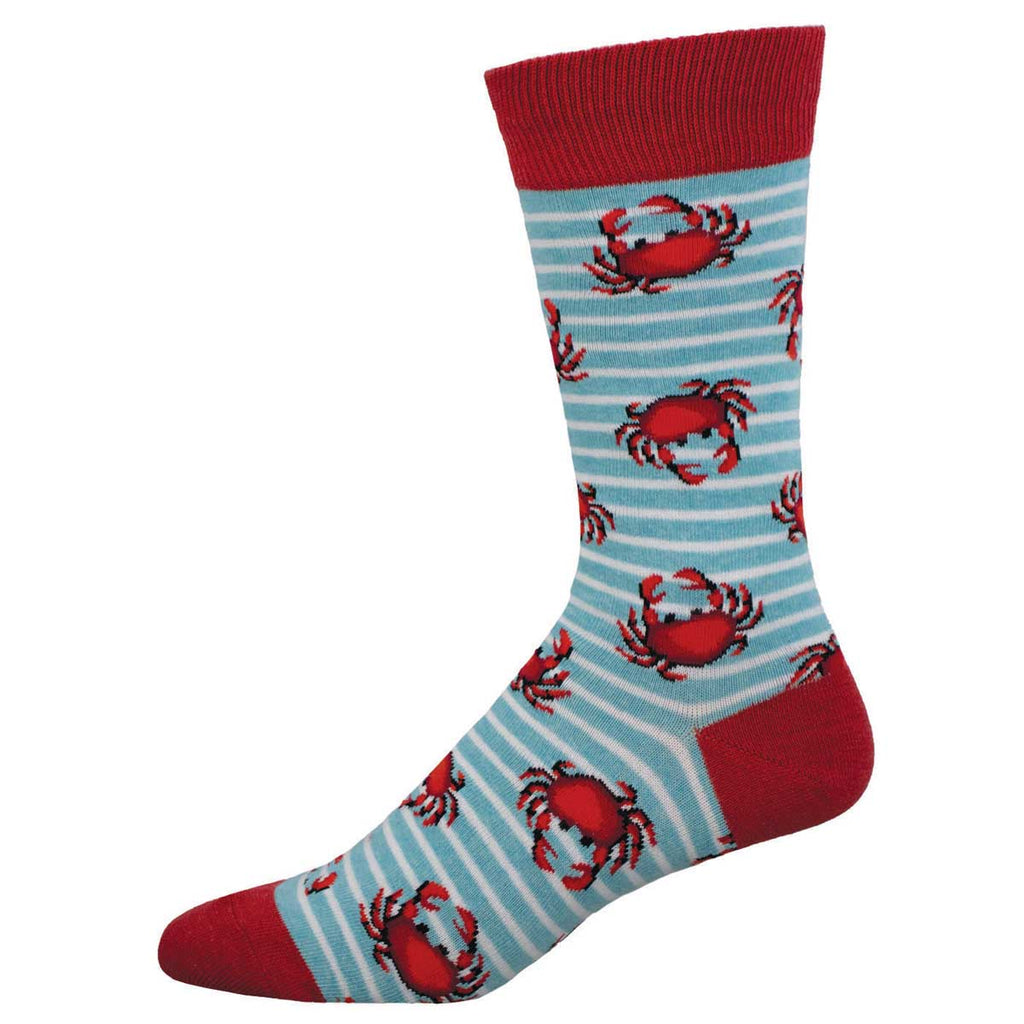 Men's crab crew socks, light blue with white stripes and red crabs, flat studio shot